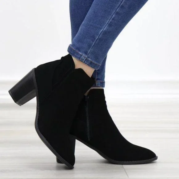 Black Perforated Design Ankle Heeled Boots - Picture 4 of 15